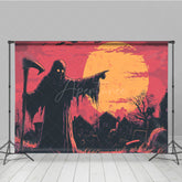 Aperturee - Aperturee Grim Reaper in Graveyard Photography Backdrop Comic Art Full Moon Scene Spooky Halloween Photo Shoots